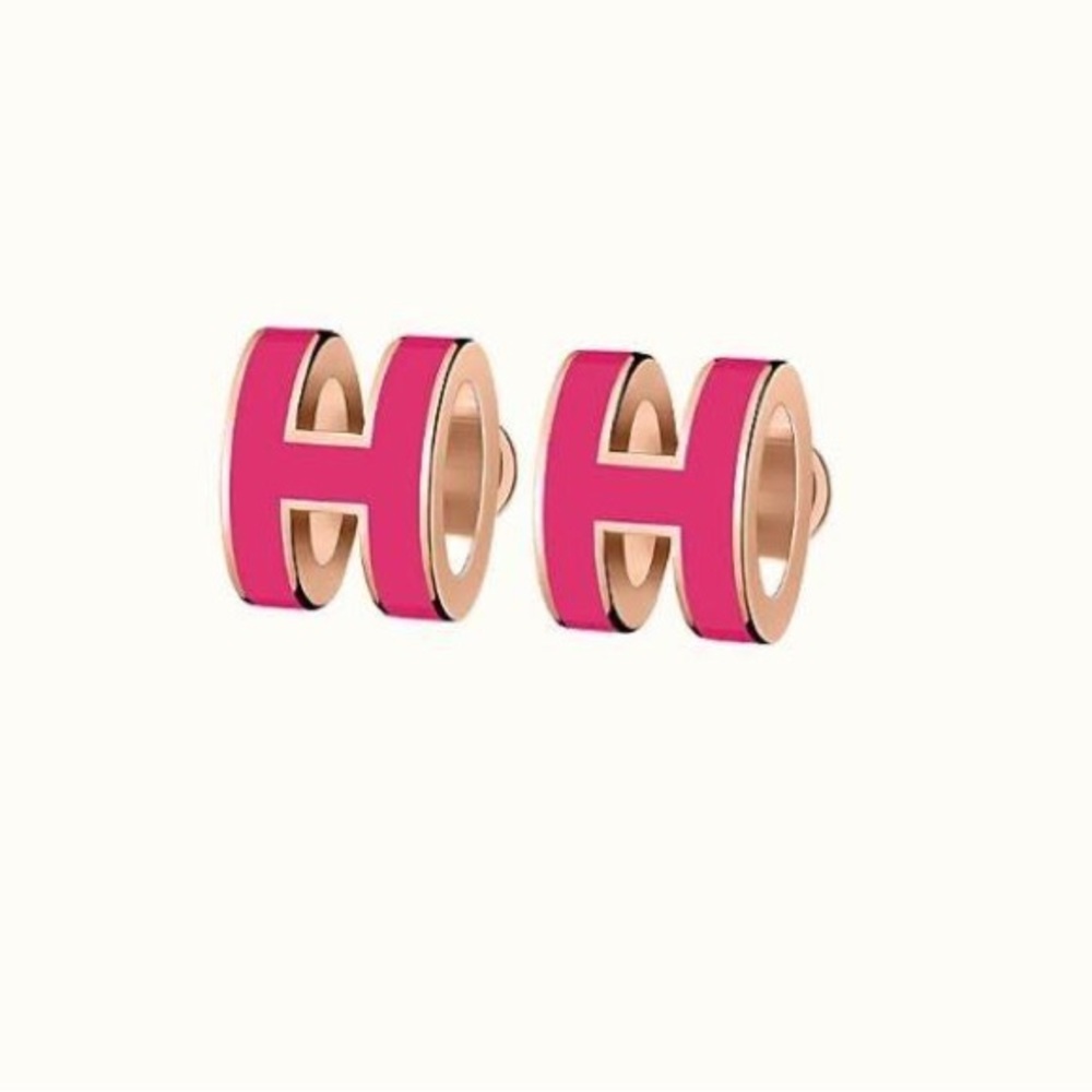 BNIB Hermes Mini Pop H Earrings, Rose Extreme Lacquered, Gold Plated